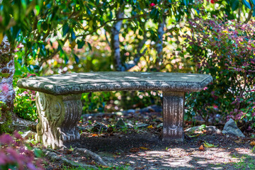 Ornate Stone Bench in Shaded Garden Corner