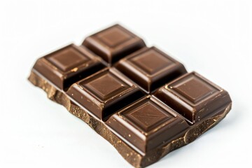 Obraz premium Closeup of a segmented dark chocolate bar with a subtle sheen, lying on a solid white background