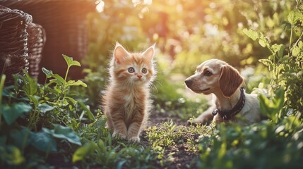 Adorable kitten and cute puppy exploring a garden illuminated by beautiful sunlight, surrounded by lush greenery and plants.