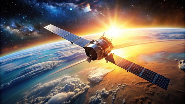 A stunning stock photo of a space satellite orbiting Earth at sunrise showcasing a wide angle view, sunrise, space travel,space, wide-angle, space station, satellite imagery