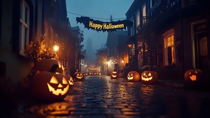 Dark street lined with glowing jack-o-lanterns and a text - "Happy Halloween" banner hanging above
