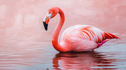 Fototapeta premium A beautiful pink flamingo gracefully swimming in tranquil waters.