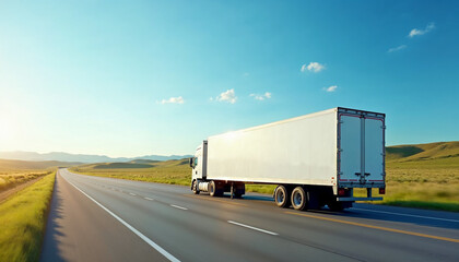 White truck on a wide U.S. highway with blank trailer ready for branding or text.






