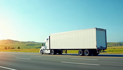 White truck on a wide U.S. highway with blank trailer ready for branding or text.






