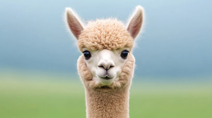 Obraz premium Cute alpaca portrait with soft fur, green blurred background.