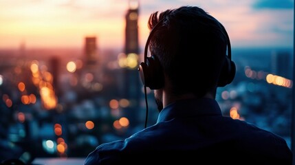 Person listening to music through headphones while enjoying a sunset view of the city skyline.