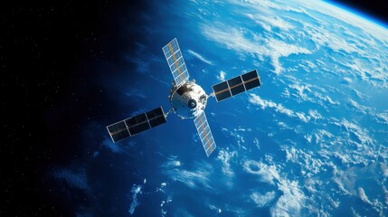 Fototapeta premium Satellite orbiting Earth, showcasing advanced technology in space exploration against a backdrop of blue planet and black space.