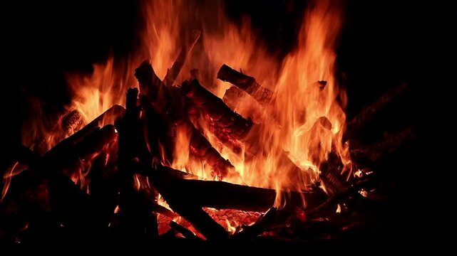 View loop of burning firewoods, bright firecamp with sparks at night, Camp fire in the night. Exploring the wildness travelling in outdoor