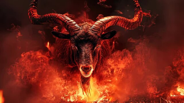 A black goat with large horns stands in a fiery inferno, its eyes glowing with malevolence