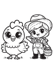 Coloring page design gilr farmer and cute bird 