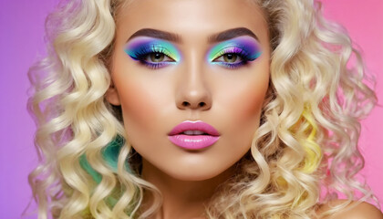 Fototapeta premium Closeup of sexy woman face, blonde hair with modern colorful makeup.