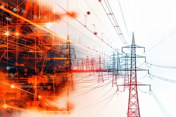 Power grid network carrying high voltage electricity with a technological overlay symbolizing the modernization of energy distribution