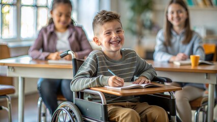 A happy child in a wheelchair engaged in classroom activities, highlighting accessibility.
