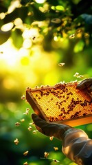 A beekeeper carefully holds a honeycomb frame surrounded by bees in a vibrant, sunlit environment.