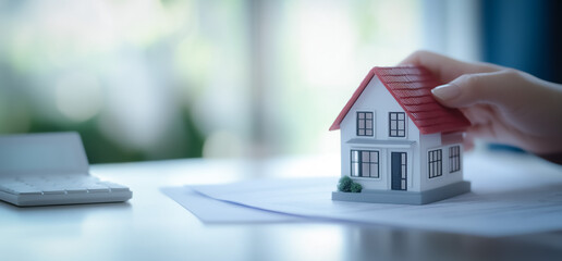 A close-up view of a person holding a small house model in an interior setting, suggesting concepts of ownership, real estate, or home care.