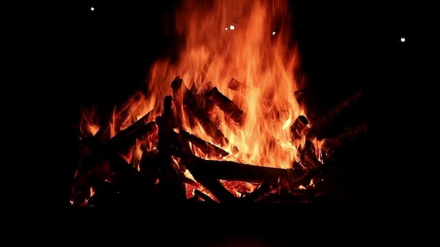 View loop of burning firewoods, bright firecamp with sparks at night, Camp fire in the night. Exploring the wildness travelling in outdoor