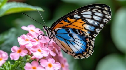 Fototapeta premium Vibrant Butterfly on Pink Blossom in Garden