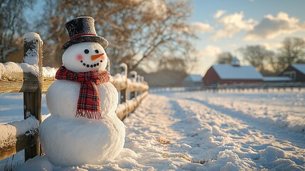   A snowman in a top hat and scarf stands before a fence in the snow with a barn in the background