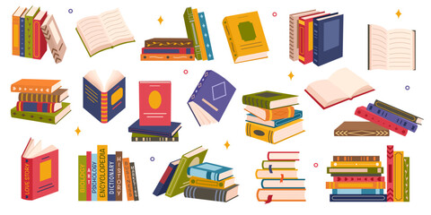 Cute colorful book collection. Set of different stacks and piles of books, open and closed books. Educational theme, scientific and fiction literature. Vector illustration isolated on white background