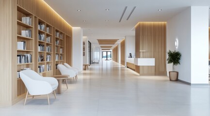 Modern interior design of a serene reception area in a wellness center with bright lighting