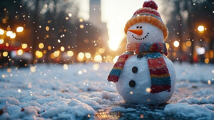 Fototapeta premium A snowman with a knitted hat and scarf on its head stands tall in the heart of a snowy street