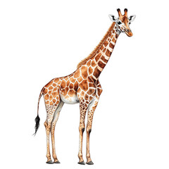 Obraz premium A detailed illustration of a standing giraffe with distinctive patterns and long neck, set against a white isolated background for optimal focus.
