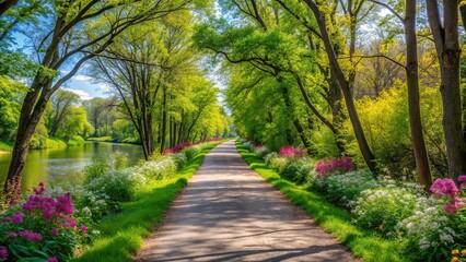 The Fox River Trail near De Pere Wisconsin in spring showcasing the symmetrical beauty of the trail surrounded by lush greenery and blooming flowers, scenic, peaceful, lush greenery