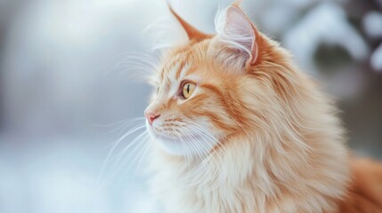 Fototapeta premium Curious orange cat gazes at shimmering snowflakes in a winter wonderland setting