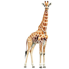 Obraz premium A majestic giraffe standing tall with distinct spot patterns, showcasing its long neck and graceful body against a white isolated background.