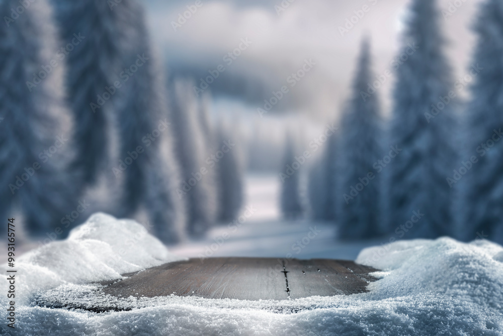 Wall mural empty wooden table top coverd with snow with copy space and winter snowing trees and mountain backgr