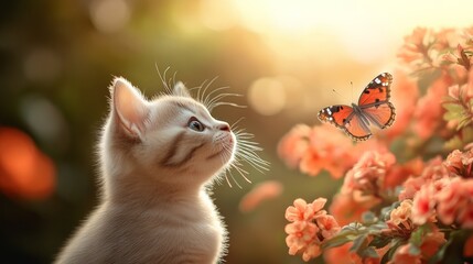 Adorable kitten staring at a butterfly amidst vibrant flowers with warm sunlight in the background, creating a magical and serene moment.
