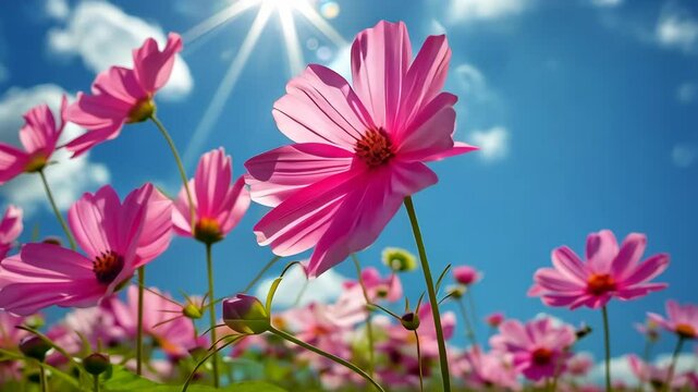 Pink cosmos flowers bloom under a bright, sunny sky