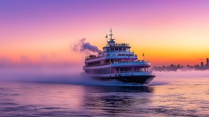 Fototapeta premium A majestic boat gliding through misty waters at sunrise, casting a serene atmosphere.