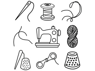 Sewing Tools Line Icons Set  Needle, Thread, and Sewing Machine