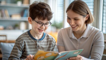 A close-up of a smiling student with autism interacting with educational materials.
