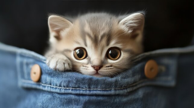 Adorable kitten with big eyes peeking out of blue denim pocket. Cute pet photo perfect for animal-themed projects or awww-inspiring moments.