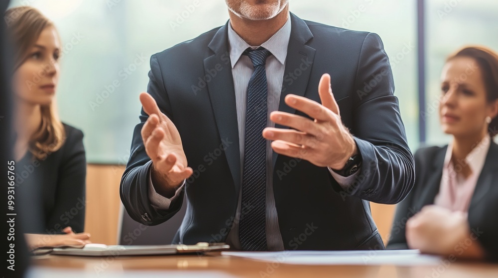 Sticker A business meeting scene with a speaker gesturing and engaged participants, discussing important topics in a professional environment.