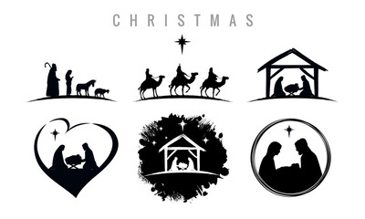Nativity Christmas icons set, manger with baby Jesus, Joseph, Mary, shepherds and three wise men. Collection of silhouettes traditional christian characters holy night. Vector illustration