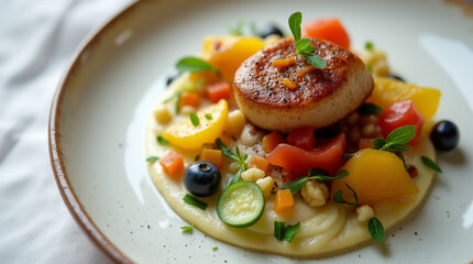 A beautifully presented dish showcases a seared scallop surrounded by vibrant vegetables and blueberries, creating an appealing culinary masterpiece