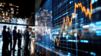 A group of professionals observes trading data displayed on a digital screen, showcasing market trends and financial graphs in a modern office setting.