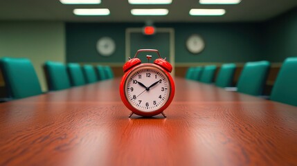 Red alarm clock on wooden table in a conference room setting.