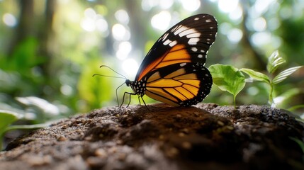 Obraz premium A vibrant butterfly perched on a mossy log, surrounded by lush greenery and soft natural light, showcasing its distinctive orange and black wings.