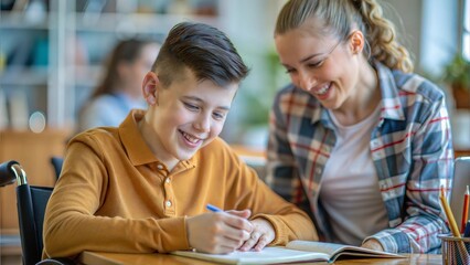 Obraz premium A cheerful close-up of a student with a disability enjoying a learning moment, capturing the essence of care in education. 