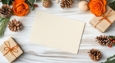 Autumn-inspired flat lay with orange roses, pine cones, and gift boxes on wooden surface