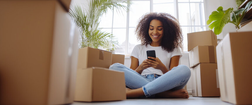 A smiling young woman sitting on the floor, using her mobile phone, surrounded by closed brown cardboard boxes. relocation, moving to a new home, transportation service, movers, real estate, rental