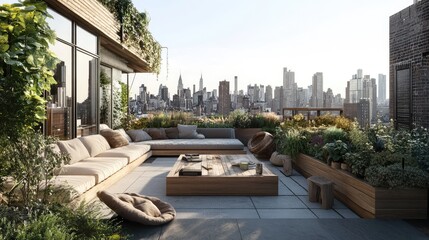 Obraz premium Stylish urban loft with a rooftop garden and city skyline view in the heart of a bustling city