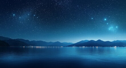 Night sky over tranquil waters with distant mountains and twinkling stars reflecting on the surface