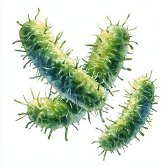 Fototapeta premium Close-up of green spiky microorganisms on a white isolated background.