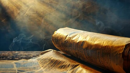 Two ancient scrolls lie on a wooden table, illuminated by a bright light, with smoke swirling around them
