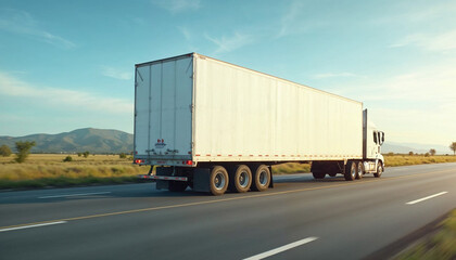 White truck on a wide U.S. highway with blank trailer ready for branding or text.






